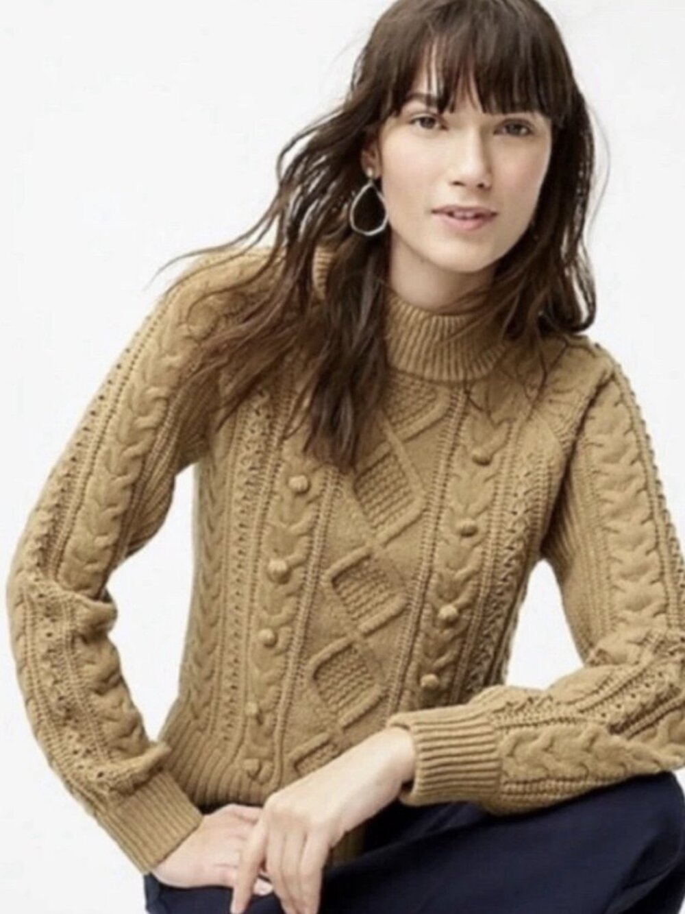 J.CREW Pom Pom Cable Knit Sweater Tan/Beige Lamb Wool Blend Women’s Size XS
